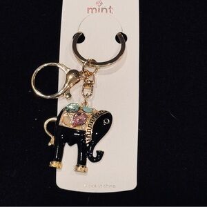 BAG CHARM Mint Jeweled Lucky Elephant Keychain - Black Gold Tone NWT